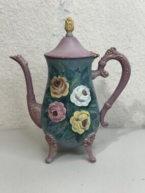 Unique Hand-Painted Silver-Plated Brass Teapot Scroll Work Details Purple & Blue